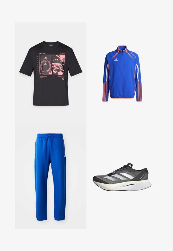 Modrá sportovní bunda s oranžovými detaily. Má vysoký límec, plný zip a bílé pruhy na rukávech. Lehká tkanina.; Černé bavlněné tričko s grafickým potiskem v růžové barvě, obsahujícím textové boxy a obrázky související s basketbalem. Krátké rukávy, kulatý výstřih.; Modré tepláky vyrobené z měkké látky, s elastickým pasem na šňůrku, zúženými nohavicemi a malým logem na boku.; Černobílé sportovní boty s síťovaným svrškem, obsahují tři bílé pruhy, výraznou podrážku označenou "LIGHTSTRIKE PRO" a aerodynamický design.