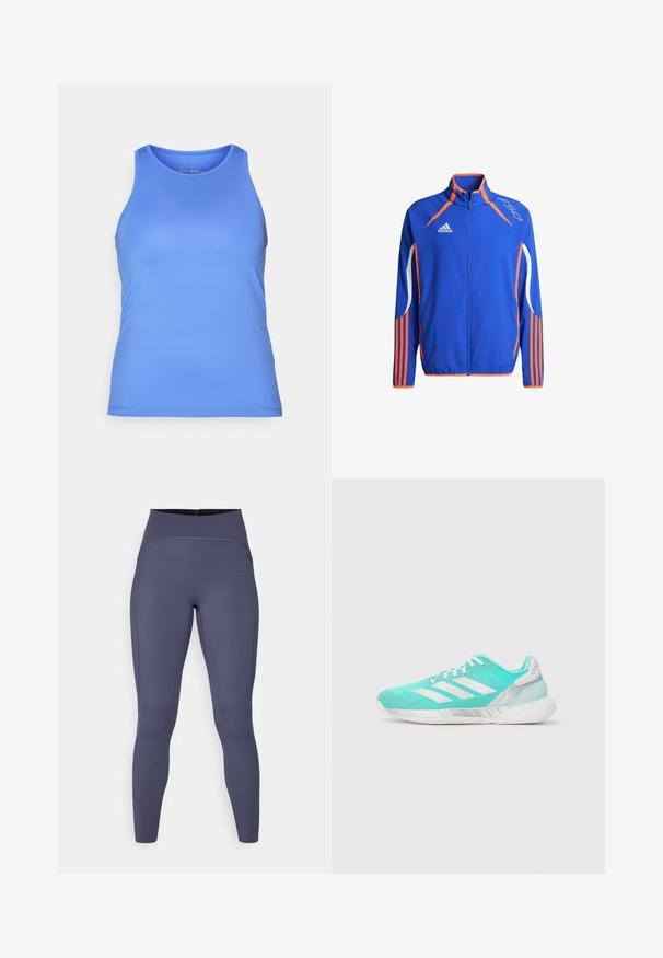 Blue athletic jacket with orange accents. Features a high collar, full zip, and white stripes on the sleeves. Lightweight fabric.; Blue athletic tank top with a smooth texture, round neckline, and slightly fitted shape. Features a subtle logo on the front.; High-waisted leggings in a solid dark gray color. Made from stretchy fabric with flatlock seams and a fitted, tapered leg design.; Turquoise athletic shoes with a mesh upper, three white stripes on the side, and a cushioned sole. Features a textured design and reinforced toe.