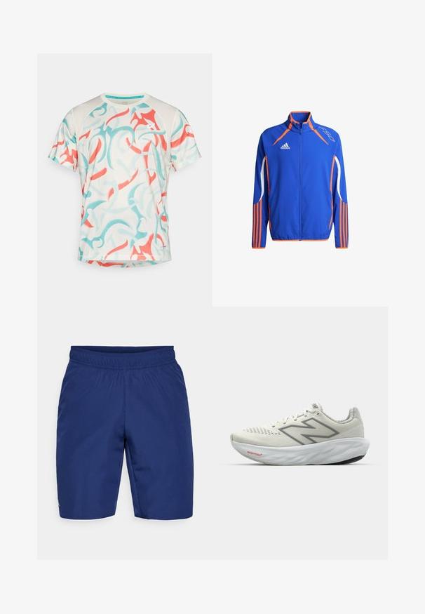 Chaqueta deportiva azul con acentos naranjas. Presenta un cuello alto, cierre completo y franjas blancas en las mangas. Tejido ligero.; Camisa atlética de manga corta en crema claro con un patrón abstracto de remolinos en azul verdoso y coral. Fabricada con tejido transpirable y con un escote redondo.; Pantalones cortos deportivos de color azul marino, hechos de una tela texturizada, con una cinturilla elástica y un pequeño logotipo en el lateral.; Zapatilla de correr en blanco con acentos en gris. Parte superior de malla, suela texturizada y prominente logo 'N'. Presenta un collar acolchado y etiqueta 'Fresh Foam'.