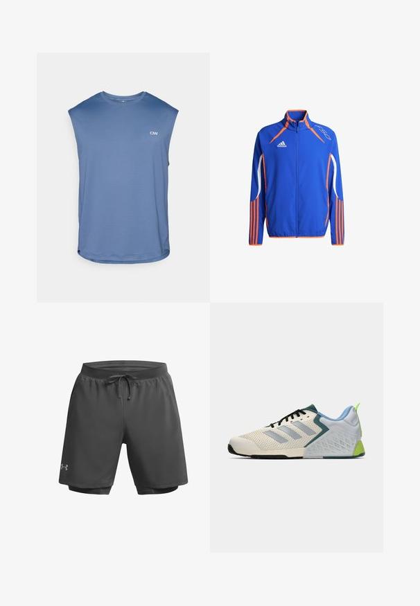 Giacca sportiva blu con dettagli arancioni. Presenta un colletto alto, zip completa e strisce bianche sulle maniche. Tessuto leggero.; ICANIWILL STRIDE SLEEVELESS - T-shirt basic - dusty twilight blue; Shorts atletici grigio scuro con cintura elastica, cordoncino regolabile e fodera interna in rete; presenta un logo discreto sulla gamba sinistra.; Scarpe atletiche leggere con una tomaia in rete color crema, righe grigie, un accento verde e un tallone in textured blu. Lacci neri.