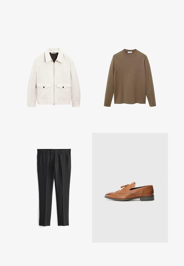 Lichtbeige zip-up jacket met een kraag, twee voorzakken en zwarte knoopaccenten. Gemaakt van een soepele stof met een ontspannen pasvorm.; Bruine lange mouw trui met een ronde hals, gemaakt van glad, zacht materiaal; kenmerken zijn een ontspannen pasvorm en een rechte zoom.; Zwarte op maat gemaakte broek met een vlakke voorkant, twee zijzakken en een knoopsluiting. Soepele textuur en recht model.; Bruine leren schoen met geperforeerde details, gestructureerde zijkanten, platte zool en een decoratieve strik op de bovenkant. Klassiek ontwerp met een gladde afwerking.