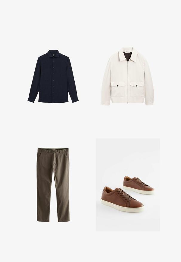 Giacca zip-up beige chiaro con colletto, due tasche frontali e dettagli in bottone neri. Realizzata in un tessuto morbido con una vestibilità rilassata.; Reiss REGULAR FIT - RUBAN BUTTON-THROUGH - Camicia - navy; Chino in cotone marrone con design a gamba dritta, tasche frontali e chiusura con bottone. Presentano una consistenza liscia e linee pulite.; Sneaker in pelle marrone con una trama liscia, suole in gomma bianca e lacci marroni coordinati. Design della punta arrotondata con dettagli di cucitura minimi.