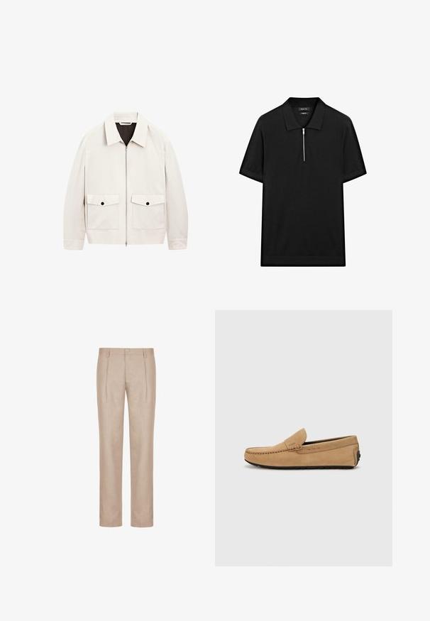 Lichtbeige zip-up jacket met een kraag, twee voorzakken en zwarte knoopaccenten. Gemaakt van een soepele stof met een ontspannen pasvorm.; Zwarte polo met korte mouwen, een staande kraag en een rits aan de voorkant. Gemaakt van een gladde stof met een schoon, minimalistisch ontwerp.; Beige linnenbroek met een platte voorkant, dubbele plooien en een enkele knoopsluiting. Recht model met een getailleerde pasvorm. Geen zichtbare zakken.; Beige suède moccasin met een gestikte neus, instapontwerp en zwarte rubberen zool. Heeft subtiele branding aan de zijkant.