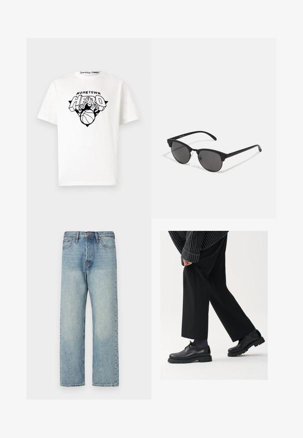 Vihreä oliivinvärinen puffatakki, jossa on vetoketjullinen etuosa, huppu ja ommellut vaakaraitat tekstuuriksi. Kevyt ja sileä pinta.; Valkoinen puuvillapaita, jossa on musta graafinen printti, jossa lukee "HOMETOWN HERO", tulipaloja ja koripallotyyli etupuolella.; Vaaleansiniset farkut suoran lahkeen muotoilulla, viidellä taskulla ja pronssinvärisillä yksityiskohdilla. Vähäistä haalistumista ja siisti viimeistely.; Mustat nahkakengät, joissa on pyöreä kärki, nauhakiinnitys ja paksu, teksturoitu pohja. Yhdistetty räätälöityjen mustien housujen ja ribbivillapuseron kanssa.; Mustat aurinkolasit pyöreillä linsseillä, matalla pinnalla ja erottuvalla kissamaisella muodolla. Kapeat taitteet, joissa on huomaamaton brändäys vasemmassa temppeleissä.