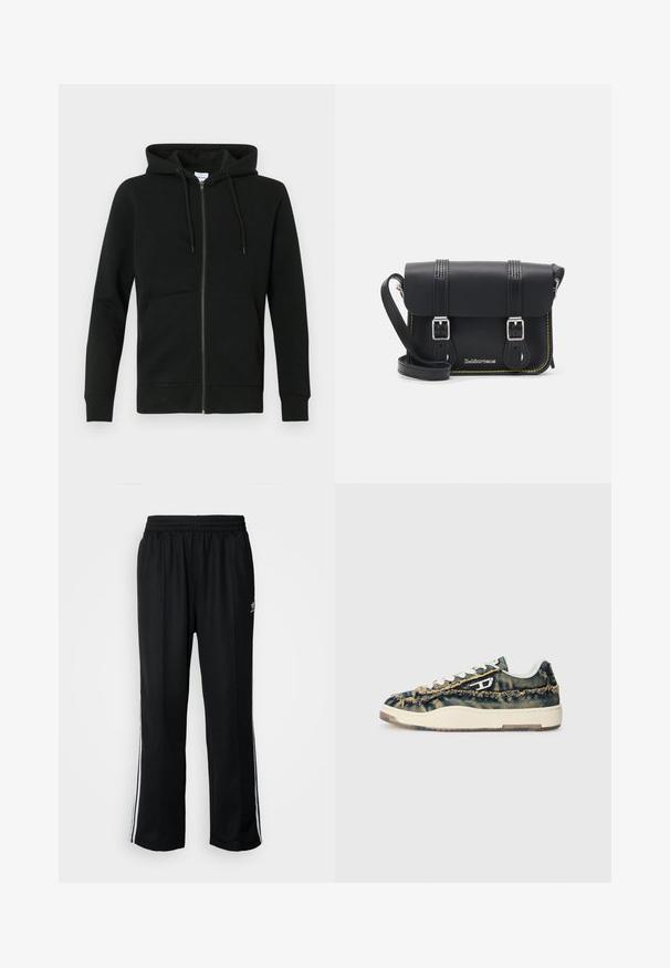 Chaqueta de mezclilla azul clara con cuello, cierre de botones, dos bolsillos en el pecho, bolsillos laterales y detalles cosidos a lo largo de las costuras.; Sudadera negra con cremallera, bolsillos frontales y capucha con cordón, mangas largas y puños y dobladillo acanalados sobre un fondo liso.; Camiseta de algodón gris oscuro con un bolsillo en el pecho con un botón a presión plateado y una textura suave. Se pueden ver los detalles de las costuras alrededor del bolsillo.; Pantalones deportivos negros con cintura elástica, que presentan rayas laterales blancas y un pequeño logotipo. El material parece suave y ligero.; Zapatillas de algodón con textura deshilachada, acentos beige, cordones blancos y un diseño de perfil bajo. Presentan una suela de goma y un logotipo distintivo.; Bolso cruzado de cuero negro con tapa, dos hebillas plateadas, costura amarilla y correa ajustable. Presenta una textura suave y un diseño compacto.