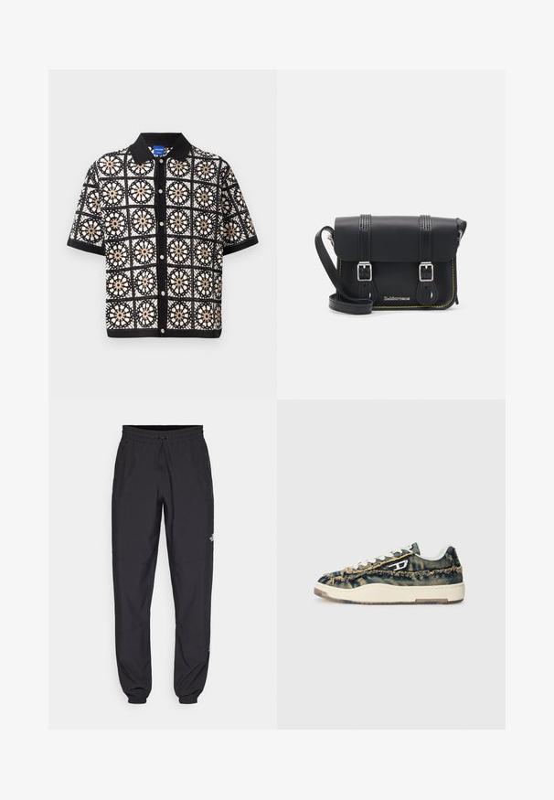 Giacca in denim azzurro chiaro con colletto, chiusura a bottoni, due tasche sul petto, tasche laterali e dettagli cuciti lungo le cuciture.; Maglietta nera a maniche corte con intricati motivi floreali all'uncinetto bianchi e beige, dotata di chiusura con bottoni e colletto piatto.; Maglietta in cotone grigio scuro con taschino sul petto dotato di un pulsante a pressione argentato e una texture liscia. I dettagli delle cuciture sono visibili attorno alla tasca.; Pantaloni sportivi neri realizzati in tessuto leggero, con vita regolabile con cordino, tasche laterali e orli affusolati alle caviglie.; Sneaker in denim con una texture sfrangiata, accenti beige, lacci bianchi e un design a profilo basso. Presentano una suola in gomma e un logo distintivo.; Borsa a tracolla in pelle nera con patta, due fibbie argentate, cuciture gialle e tracolla regolabile. Presenta una texture liscia e un design compatto.