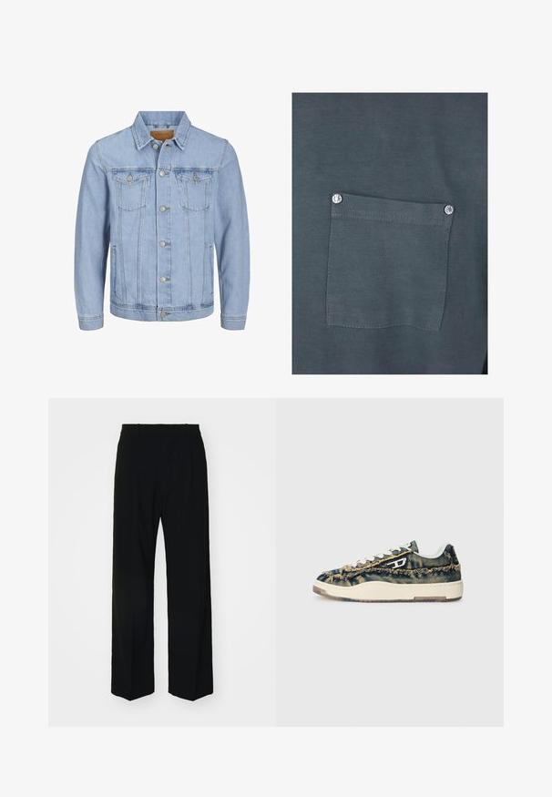 Jasnoniebieska kurtka dżinsowa z kołnierzykiem, zapięciem na guziki, dwoma kieszeniami na piersi, kieszeniami bocznymi oraz przeszyciami wzdłuż szwów.; Czarny bawełniany t-shirt w ciemnoszarym kolorze z kieszonką na piersi z srebrnym zatrzaskiem oraz gładką teksturą. Widoczne są szwy wokół kieszonki.; GAP - Spodnie materiałowe; Sneakers z denimu o postrzępionej fakturze, beżowymi akcentami, białymi sznurowadłami oraz niskim profilem. Charakteryzują się gumową podeszwą i charakterystycznym logo.
