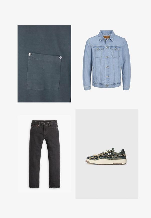 Lichtblauwe denim jas met een kraag, knoopsluiting, twee borstzakken, zijzakken en gestikte details langs de naden.; Donkergrijze katoenen t-shirt met een borstzak met een zilveren drukknoop en een gladde textuur. Stiksel details zijn zichtbaar rondom de zak.; Zwarte denim jeans met rechte pijpen, vijf zakken, knoopsluiting en koperen klinknagels, plat gelegd op een witte achtergrond.; Denim sneakers met een rafelige textuur, beige accenten, witte veters en een laag profiel ontwerp. Voorzien van een rubberen zool en een onderscheidend logo.