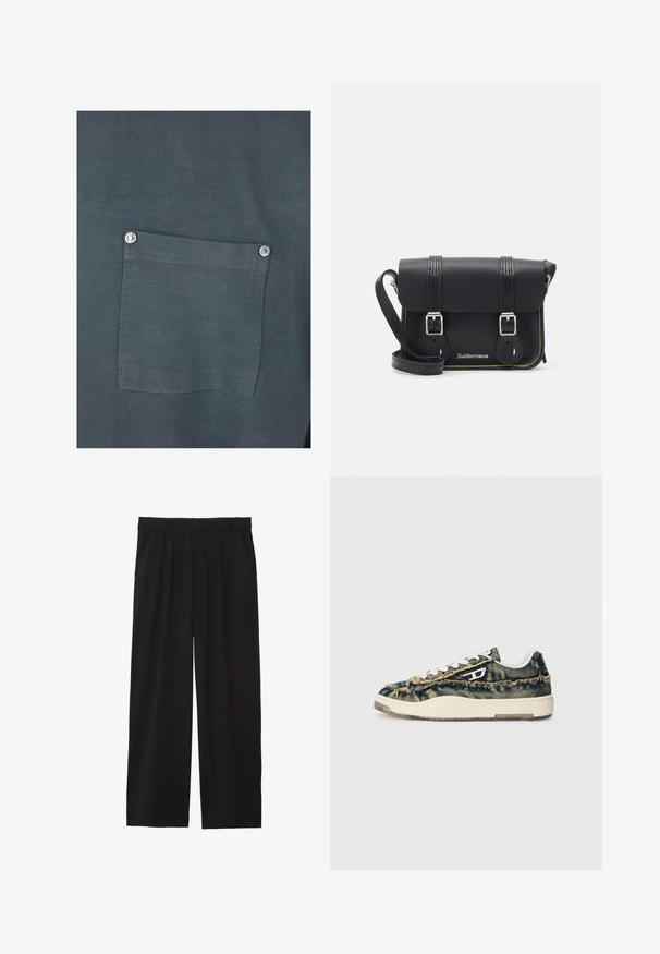 Svijetloplava traper jakna s ovratnikom, kopčanjem na dugmad, dva džepa na prsima, bočnim džepovima i šivanim detaljima duž šavova.; Temno siva bomba iz bombažne tkanine z žepom na prsih, ki ima srebrno pritiskačeno gumb in gladko teksturo. Šivi so vidni okoli žepa.; Črne široke hlače z nabranim sprednjim delom, stranskimi žepi in gladko teksturo tkanine. Oblikovane za sproščen kroj.; Denim superge z raztrganim teksturo, bež poudarki, belimi vezalkami in nizkim profilom. Imajo gumijast podplat in edinstven logotip.; Črna usnjena torba čez ramo s poklopcem, dvema srebrnima zaponkama, rumenim šivom in nastavljivim trakom. Ima gladko teksturo in kompaktno zasnovo.