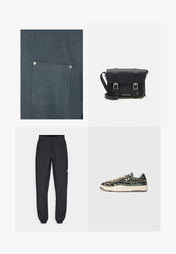 Lichtblauwe denim jas met een kraag, knoopsluiting, twee borstzakken, zijzakken en gestikte details langs de naden.; Donkergrijze katoenen t-shirt met een borstzak met een zilveren drukknoop en een gladde textuur. Stiksel details zijn zichtbaar rondom de zak.; Zwarte sportieve broek gemaakt van lichtgewicht stof, met een trekkoord in de taille, zijzakken en taps toelopende boorden bij de enkels.; Denim sneakers met een rafelige textuur, beige accenten, witte veters en een laag profiel ontwerp. Voorzien van een rubberen zool en een onderscheidend logo.; Zwarte leren schoudertas met een klep, twee zilveren sluitingen, gele stiksels en een verstelbare schouderband. Beschikt over een gladde textuur en een compact ontwerp.