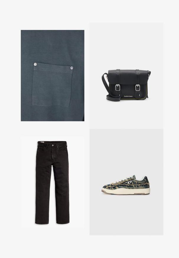 Hele sinise denimi jope kraega, nööpidega kinni, kahe rinna-tasku, küljetaskute ja õmblustel õmmeldud detailidega.; Tumehall soe puuvillane t-särk, millel on rinnatasku hõbedase pestava nupuga ja sile tekstuur. Õmbluste detailid on nähtavad tasku ümber.; Mustad sirgedega teksapüksid viie taskuga, nööpidega kinnitamine ja vöökohaga, lamab tasasele valgele taustale.; Denimist valmistatud spordijalatsid katkeva tekstuuriga, beežide aktsentidega, valgete paeltega ja madala profiiliga disainiga. Omab kummist tallat ja silmapaistvat logosid.; Must musta õlakott, millel on klapp, kaks hõbedast kinnitust, kollane niit ja reguleeritav rihm. Omab sujuvat tekstuuri ja kompaktset disaini.