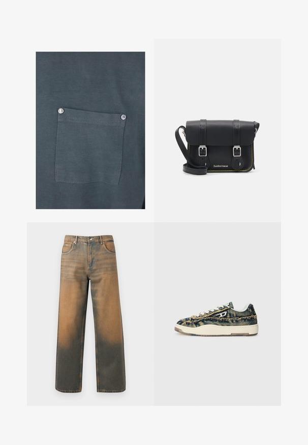 Vaaleansininen farkkutakki, jossa on kaulus, napitus, kaksi rintataskua, sivutaskut ja ommellut yksityiskohdat saumoissa.; Tummanharmaa puuvillapaita, jossa on rintatasku, jossa on hopeanvärinen neppari ja sileä pinta. Saumayksityiskohdat näkyvät taskun ympärillä.; Levin leveät farkut kuluneessa sinisessä ja ruskeassa denimmissä. Ominaisuuksiin kuuluu korkea vyötärö, etupussit ja klassinen napitus metallikoristeilla.; Denimsneakers med fransiga texturer, beige detaljer, vita snören och en lågt profildesign. Har en gummisula och ett distinkt logo.; Musta nahkainen crossbody-laukku, jossa on kansi, kaksi hopeista solkea, keltaista ylösketjua ja säädettävä hihna. Tunnusmerkkeinä ovat sileä pinta ja kompakti muotoilu.