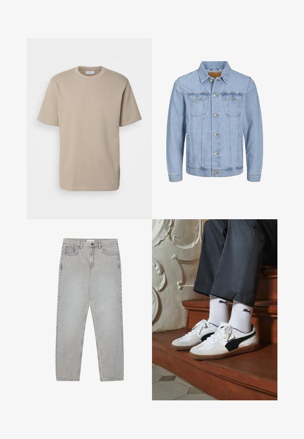 Casaco de ganga azul claro com gola, fecho de botão, dois bolsos no peito, bolsos laterais e detalhes cosidos ao longo das costuras.; Lindbergh O NECK TEE OVERSIZE - T-shirt básica - stone; Calças de ganga cinza claro com um design de perna reta, estilo de cinco bolsos e fecho com botão. Costura visível ao longo das costuras.; Ténis Puma em camurça branca e preta, com uma sola de borracha castanha. Combinados com meias brancas exibindo um logótipo preto, usados com calças escuras.