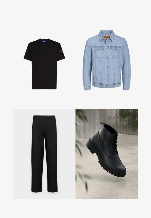 Svijetloplava traper jakna s ovratnikom, kopčanjem na dugmad, dva džepa na prsima, bočnim džepovima i šivanim detaljima duž šavova.; Črna bombažna majica s kratkimi rokavi, okroglo izrezana in z majhnim označevalnim detajlom na levem rokavu. Gladka tekstura, standardna prileganje.; Črne hlače iz gladkega materiala, s krojem ravne noge, dvema sprednjima pregiboma in standardnim pasom z zankami za pas.; Črne usnjene gležnjarje z zaobljenim nosom, s vezalkami in trdim gumijastim podplatom. Gladka tekstura z zanko na hrbtni strani.