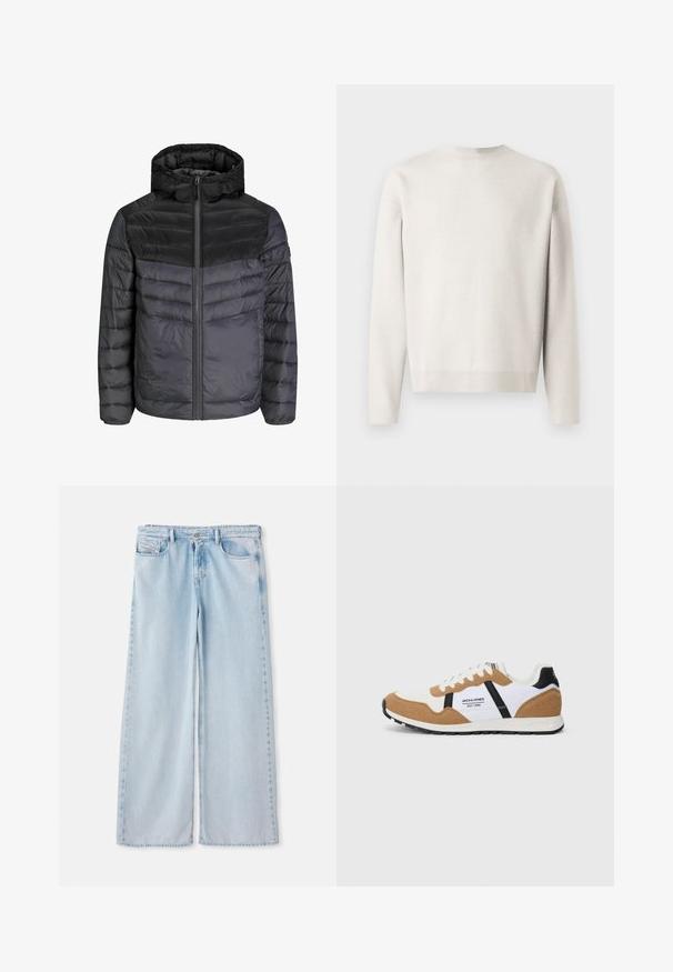Giacca a vento in nero e grigio scuro, con cappuccio, chiusura a zip e design trapuntato con strisce orizzontali per l'isolamento.; Maglione lavorato a maglia grigio chiaro con maniche lunghe, scollatura rotonda e polsini a costine. Texture morbida, vestibilità comoda e nessun motivo visibile.; Jeans a gamba larga blu chiaro con un classico design a cinque tasche, dotati di una vita standard e orlo grezzo. Tessuto di denim morbido con leggeri sbiadimenti.; Sneaker in stile retrò con suede bianco e beige, dettagli neri, lacci bianchi e logo "Jack & Jones EST. 1990" sul lato.