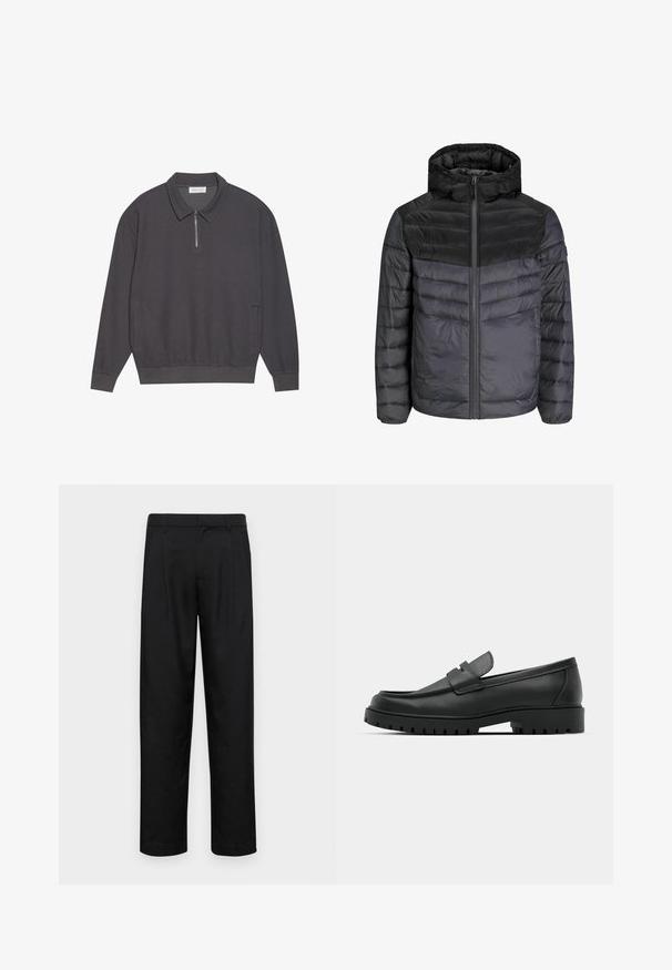 Chaqueta de plumón en negro y gris oscuro, con capucha, cierre de cremallera y diseño acolchado con rayas horizontales para aislamiento.; Polo de manga larga gris oscuro con cuello con cremallera, textura acanalada, puños elásticos y bolsillos laterales. Diseño casual y versátil.; Pantalones negros de tela suave, con un diseño de pierna recta, dos pliegues frontales y una cintura estándar con trabillas para el cinturón.; Mocasines de cuero negro con punta redonda, que cuentan con un diseño cosido, suela de plataforma baja y una suela de goma texturada y con tacos.