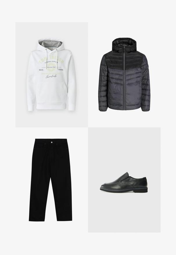 Kurtka puchowa w kolorze czarnym i ciemnoszarym, z kapturem, zapięciem na zamek i pikowanym wzorem z poziomymi paskami dla lepszej izolacji.; Biała bluza z kapturem wykonana z miękkiego materiału, z przednią kieszenią, posiada szary, podszewkowany kaptur oraz nadrukowane logo marki w zielono-czarnym kolorze.; Czarne spodnie dżinsowe w klasycznym kroju prostym, z pięcioma kieszeniami i zapięciem na guzik z przodu. Gładka tekstura z minimalnymi detalami szwy.; Czarne skórzane buty wsuwane z gładką cholewką, przeszyciami, okrągłym noskiem i niskim gumowym obcasem. Podeszwa ma minimalny bieżnik.