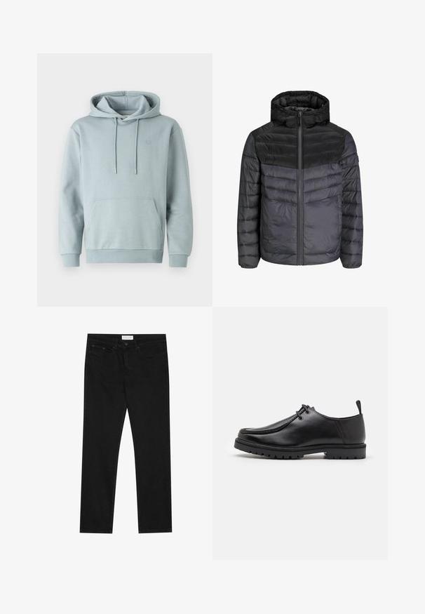 Čierna a tmavošedá zateplená bunda s kapucňou, zipsom a prešívaným dizajnom s horizontálnymi pruhmi pre izoláciu.; Svetlomodrý mikina s kapucňou vyrobená z mäkkej tkaniny, s nastaviteľnou šnúrkou na kapucni, klokaním vreckom a rebrovanými manžetami a spodným lemom. Jednoduchý dizajn bez vzorov.; Čierne džínsy rovného strihu s piatimi vreckami, zapínanie na gombík a zips a s etiketou značky Pier One na páse.; Čierne kožené šnurovacie topánky s robustnou podrážkou a poutkom na päte, zobrazené z boku na bielom pozadí.