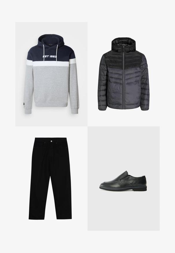 Duga jakna u crnoj i tamno sivoj boji, s kapuljačom, zatvaranjem na patentni zatvarač i prošivenim dizajnom s horizontalnim prugama za dodatnu izolaciju.; Majica s kapuljačom sivi trup, tamnoplava gornja površina i bijela horizontalna pruga s natpisom "EST 1993" ispisanom bijelom bojom. Materijal od pamučne mješavine.; Crne traper hlače s ravnim krojem, dizajnom s pet džepova i prednjim kopčanjem na dugme. Glatka tekstura s minimalnim detaljima šivanja.; Crne kožne cipele na sklapanje s glatkom gornjom površinom, prošivenim detaljima, zaobljenim vrhom i niskim gumene potplate. Potplat ima minimalne uzorke.