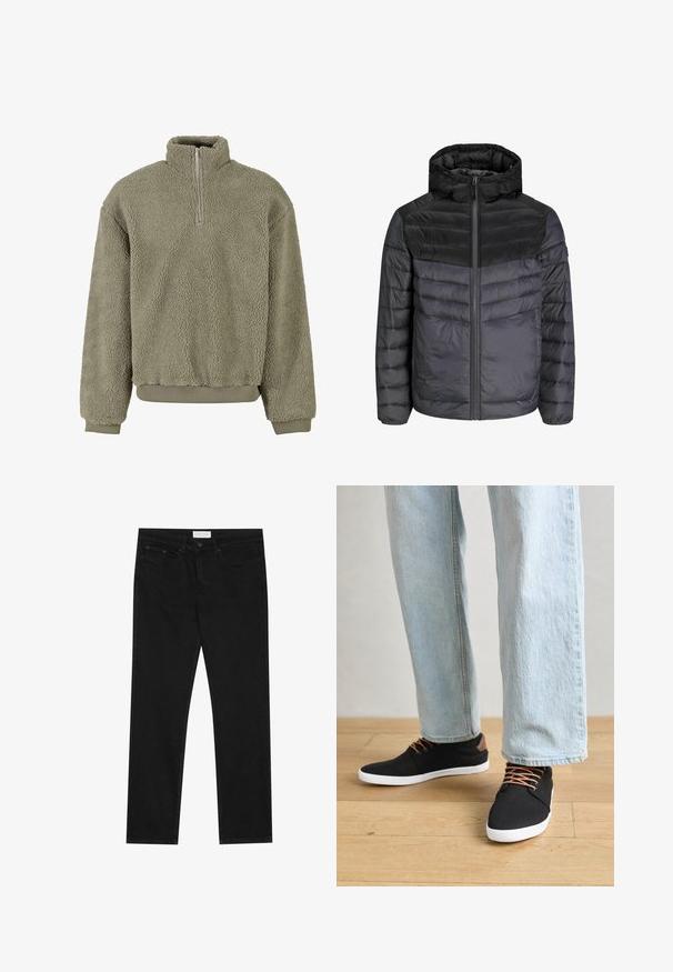 Čierna a tmavošedá zateplená bunda s kapucňou, zipsom a prešívaným dizajnom s horizontálnymi pruhmi pre izoláciu.; Fleeceový pulóver v olivovo zelenej farbe s polovičným zipsom. Textúrovaný vonkajší materiál a pružné manžety a spodný lem. Uvoľnený strih zaisťuje pohodlie.; Čierne džínsy rovného strihu s piatimi vreckami, zapínanie na gombík a zips a s etiketou značky Pier One na páse.; Čierne plátenné tenisky s hnedými akcentmi, bielymi gumovými podrážkami a hnedými šnúrkami, skombinované so svetlomodrými rovnými džínsami. Pozadie s drevenou podlahou.