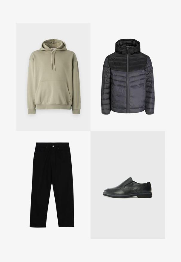 Nedjacka i svart och mörkgrå, med huva, dragkedja och quiltad design med horisontella ränder för isolering.; Olivgrön hoodie i mjuk bomullsblandning, med en framficka, dragsko i huva och ribbade muddar och fåll. Enkel, avslappnad design.; Svarta denimbyxor med rak passform, femficksdesign och framknäppning. Slät textur med minimala sömdetaljer.; Svart lädersko i slip-on-modell med en slät ovandel, sömnadsdetaljer, rund tå och låg gummihäl. Sulan har minimal mönstring.