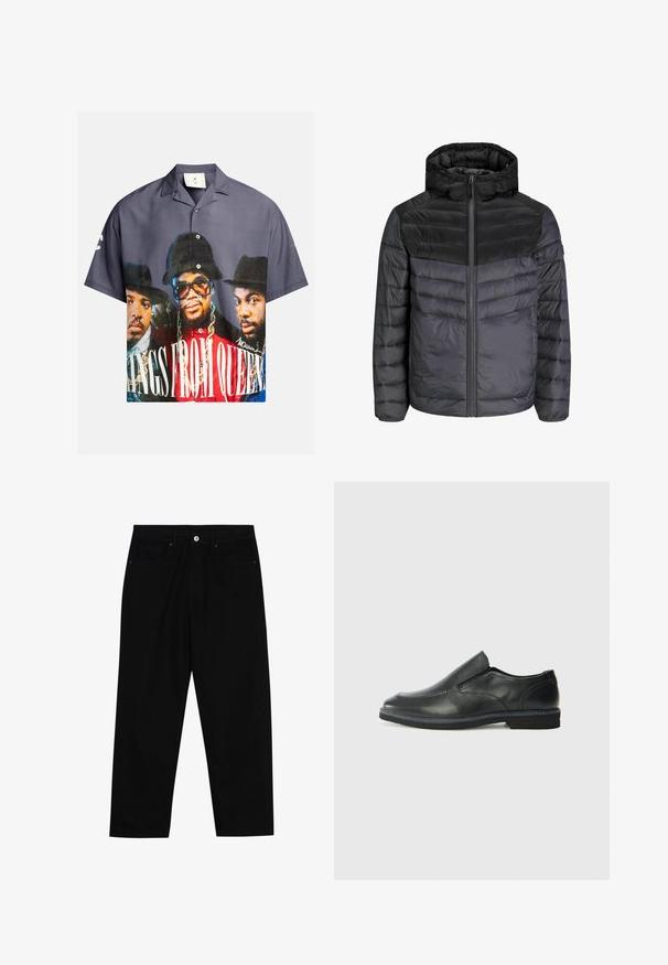 Musta ja tummanharmaa aluskero, jossa on huppu, vetskari ja tikattu muotoilu vaakasuorilla viivoilla eristyksen takaamiseksi.; Lyhythihainen napitettava paita, jossa on graafinen printti kolmesta hahmosta, pääasiassa sinisen, harmaan ja punaisen sävyissä, valkoisella tekstillä.; Mustat farkut suoraan lahkeella, viisi taskua ja etunappikiinnitys. Sileä rakenne, jossa on vain vähäisiä ompelualueita.; Musta nahkainen liukujalkine, jossa on sileä pinta, ommeltuja yksityiskohtia, pyöristetty kärki ja matala kumipohja. Pohjassa on minimaalinen pito.