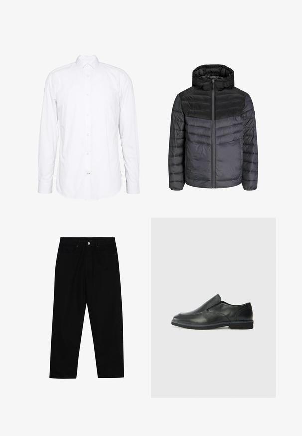 Melna un tumši pelēka pufīgā jaka ar kapuci, rāvējslēdzēja aizdari un quiltētas konstrukcijas dizainu ar horizontālām svītrām siltumizolācijai.; Balta kokvilnas krekls ar garām piedurknēm. Iespējas: apkakle, priekšējie pogu aizdari un viena poga pie piedurknēm. Gluda tekstūra, tīrs dizains.; Melni džinsi ar taisnu kāju griezumu, piecu kabatu dizainu un priekšēju pogu aizdari. Gluda tekstūra ar minimālu šuvju detaļu skaitu.; Melnas ādas slip-on kurpes ar gludu augšdaļu, izšūtām akcentiem, noapaļotu purngala daļu un zemu gumijas papēdi. Zole ar minimālu rakstu.