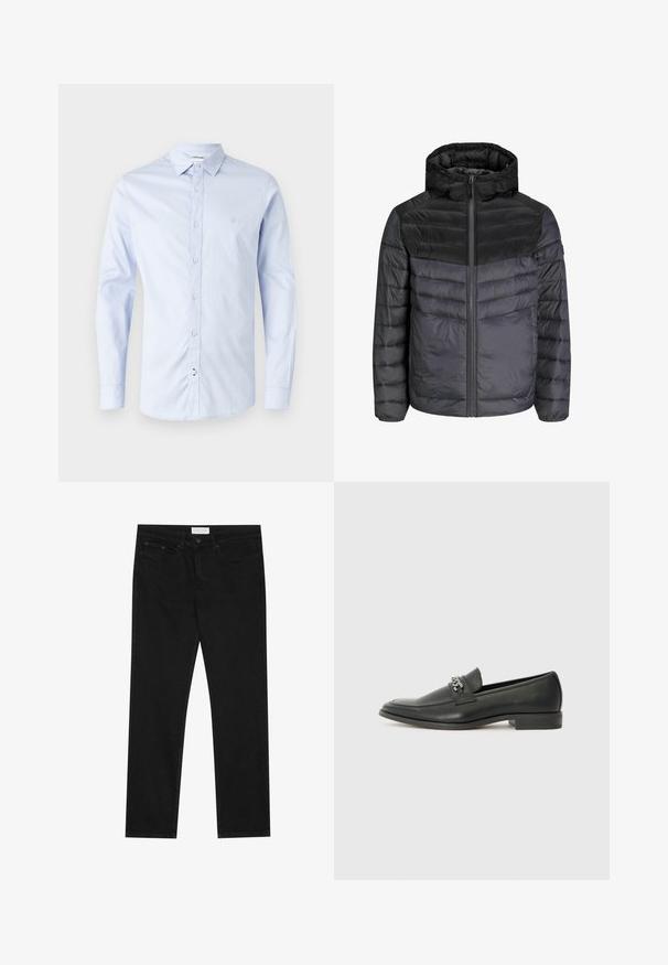 Melna un tumši pelēka pufīgā jaka ar kapuci, rāvējslēdzēja aizdari un quiltētas konstrukcijas dizainu ar horizontālām svītrām siltumizolācijai.; Gaiši zils garās piedurknes pogājamais krekls, izgatavots no kokvilnas, ar klasisku apkakli, priekšējām pogām un delikātu logotipu uz krūtīm.; Melni taisnie džinsi ar piecu kabatu dizainu, pogu un rāvējslēdzēja aizdari, un Pier One zīmola uzlīmi uz jostasvietas.; Melna ādas loafer izmēra apavi ar gludu virsmu, piedāvā ar šūtu dizainu un dekoratīvu metāla ķēdes akcentu pār vampu. Plakana papēža daļa.