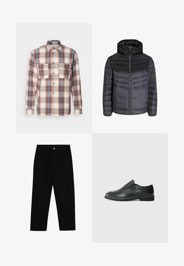 Fekete és sötétszürke lezzsák, kapucnival, cipzáras záródással és vízszintes csíkos steppelt kialakítással a szigetelés érdekében.; Kockás ing krém, barna és világoskék színekben. Hosszú ujjú, gombos elülső rész két mellzsebbel és fekete gombokkal. Puha tapintású.; Fekete farmernadrág, egyenes szabással, öt zsebből álló dizájnnal és elülső gombos záródással. Simább felület minimális varrási részletekkel.; Fekete bőr, slip-on cipő sima felsőrésszel, varrott díszítéssel, lekerekített orral és alacsony gumitalppal. A talpa minimális bordázattal rendelkezik.