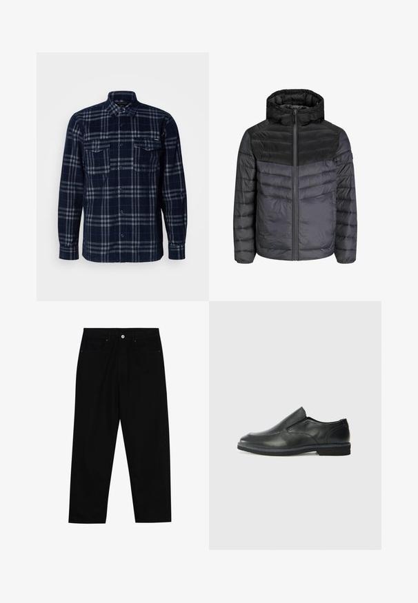 Down jacket in black and dark grey, featuring a hood, zip closure, and quilted design with horizontal stripes for insulation.; Navy blue button-up shirt with gray plaid pattern, two chest pockets with button flaps, and a folded collar.; Black denim pants featuring a straight-leg cut, five-pocket design, and a front button closure. Smooth texture with minimal stitching details.; Black leather slip-on shoe with a smooth upper, stitched accents, rounded toe, and a low rubber heel. Sole features minimal tread.