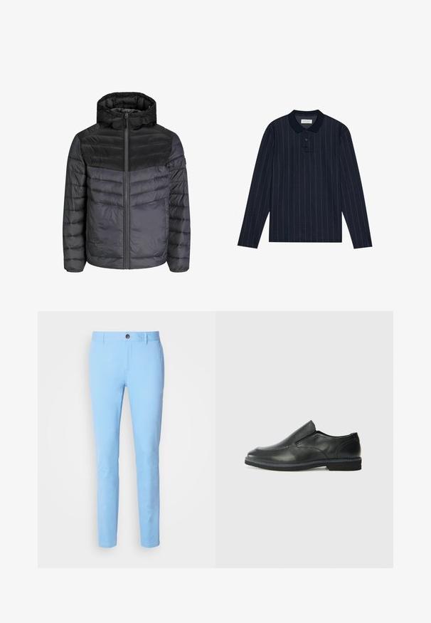Kurtka puchowa w kolorze czarnym i ciemnoszarym, z kapturem, zapięciem na zamek i pikowanym wzorem z poziomymi paskami dla lepszej izolacji.; Granatowa polo w długim rękawie z kołnierzykiem, z cienkimi pionowymi paskami i zapięciem na trzy guziki. Miękka tekstura materiału.; Jasnoniebieskie bawełniane spodnie o prostym kroju, z zapięciem na guzik z przodu oraz bocznymi kieszeniami. Gładka faktura i brak widocznych wzorów.; Czarne skórzane buty wsuwane z gładką cholewką, przeszyciami, okrągłym noskiem i niskim gumowym obcasem. Podeszwa ma minimalny bieżnik.