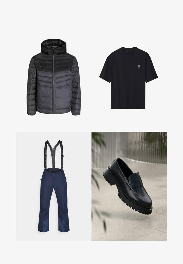 Juoda ir tamsiai pilka pūkinė striukė, turinti gobtuvą, užtrauktuko uždarymą ir siuvinėtą dizainą su horizontaliais dryžiais šilumos izoliacijai.; Juodas medvilnės marškinėliai su trumpomis rankovėmis, apvaliu kaklu ir mažesne balta NSO grafika ant kairiojo krūtinės. Lygus paviršius ir patogus laisvas įsiliejimas.; Jūrinės vandeniui atsparios kelnės su reguliuojamomis juodomis petnešomis. Yra užtrauktuku užsegamos kišenės ir sustiprinta žemutinė kojų dalis, skirta patvarumui.; Juodi odiniai loafai su storesniu pado protektoriumi, turintys dekoratyvinę juostelę ir siuvinėjimo detales. Lygi tekstūra su blizgiu paviršiumi.