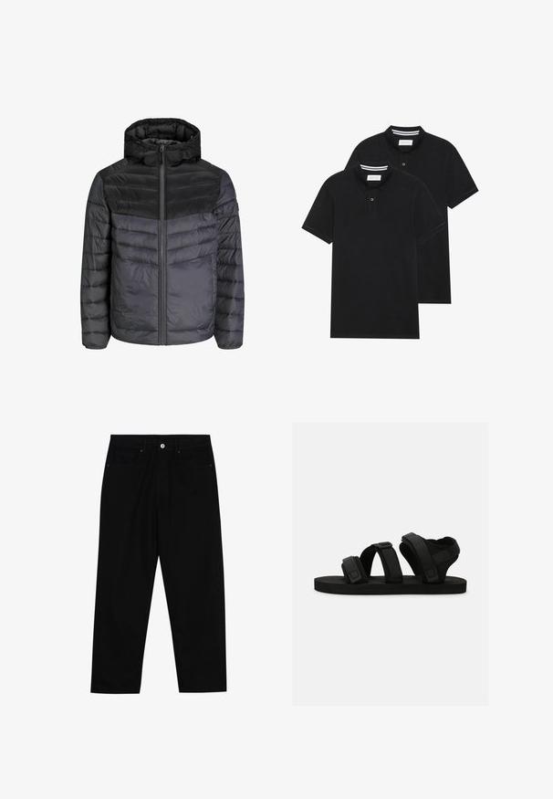 Nedjacka i svart och mörkgrå, med huva, dragkedja och quiltad design med horisontella ränder för isolering.; Två svarta polo t-shirts, kortärmade, i bomullsmaterial, med en klassisk krage, tvåknappsslutning och vita randiga accenter inuti kragen.; Svarta denimbyxor med rak passform, femficksdesign och framknäppning. Slät textur med minimala sömdetaljer.; Svarta sandaler med tre justerbara remmar, platt sula och en texturerad fotbädd för bättre grepp. Tillverkade av mjuka material för komfort.