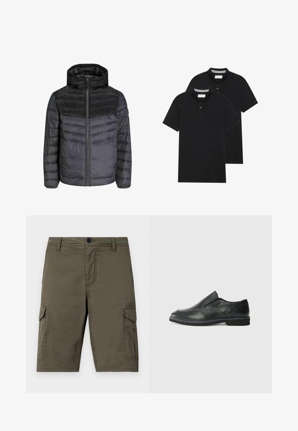 Doudoune noire et gris foncé, avec une capuche, fermeture zippée et design matelassé avec des rayures horizontales pour l'isolation.; Deux polos noirs, à manches courtes, en coton, avec un col classique, une patte de boutonnage à deux boutons, et des accents rayés blancs à l'intérieur du col.; Shorts cargo vert olive en tissu texturé avec deux poches latérales et une fermeture à bouton à l'avant. De longueur intermédiaire avec une coupe droite.; Chaussure slip-on en cuir noir avec une tige lisse, des accents cousus, un bout arrondi et un petit talon en caoutchouc. La semelle présente un profil de traction minimal.