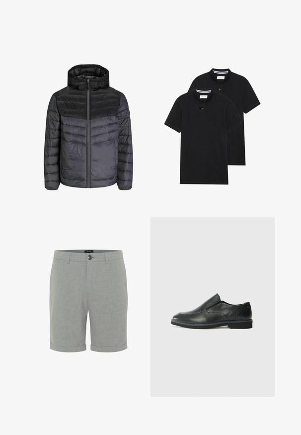 Juoda ir tamsiai pilka pūkinė striukė, turinti gobtuvą, užtrauktuko uždarymą ir siuvinėtą dizainą su horizontaliais dryžiais šilumos izoliacijai.; Du žaidimų juodos polo marškiniai, trumpomis rankovėmis, pagaminti iš medvilnės, su klasikinėmis apykaklėmis, dviem mygtukais priekyje ir baltais dryžiais apykaklės viduje.; Pilki medvilnės mišinio šortai su tiesia siluetu, turintys vieną mygtuko užsegimą, sukurtus su apvytinėmis rankovėmis ir minimaliu tekstūravimu. Be raštų ar akcentų.; Juodai odiniai įtvirtinimo batai su lygiu paviršiumi, siuvinėjimo akcentais, apvalia nosimi ir žemu guminiu kulnu. Pado raštas minimalus.