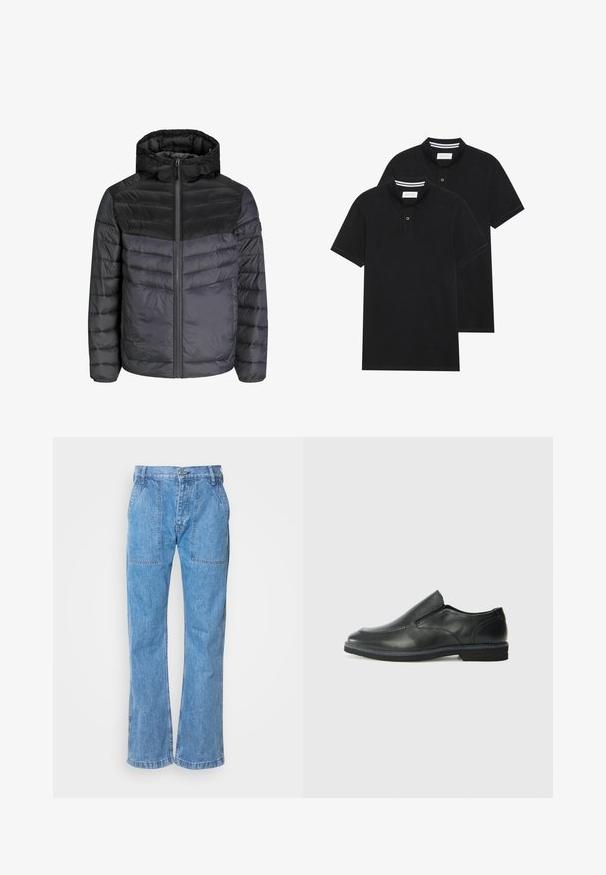Dolga jakna v črni in temnosivi barvi, z kapuco, zadrgo in prešitim designom s horizontalnimi črtami za izolacijo.; Dve črne polo majice, kratke rokave, iz bombažnega materiala, z klasik ovratnikom, dvobodno zaponko in belimi črtkami znotraj ovratnika.; Svetlo modri jeans z sproščenim krojem, z dvema sprednjima žepoma, gumbnim zapiranjem in vidnimi šivi.; Črne usnjene natikače z gladkim zgornjim delom, prišitimi detajli, zaobljenim nosom in nizkim gumijastim petkom. Podplat ima minimalen profil.