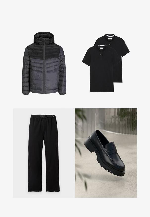 Melna un tumši pelēka pufīgā jaka ar kapuci, rāvējslēdzēja aizdari un quiltētas konstrukcijas dizainu ar horizontālām svītrām siltumizolācijai.; Divas melnas polo krekli, īsām piedurknēm, no kokvilnas materiāla, ar klasisku apkakli, divu pogu aizdari un balti svītroti akcenti apkakles iekšpusē.; Melnas, vieglas bikses ar elastīgu jostas daļu un regulējamu jostu, ar taisnu kāju dizainu un gludu tekstūru.; Melni ādas loafers ar masīvu protektora zoli, ar dekoratīvu siksnu un šuvuma detaļām. Gluda tekstūra ar spīdīgu apdari.