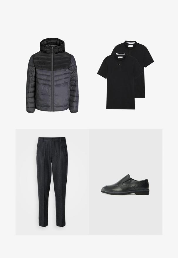 Doudoune noire et gris foncé, avec une capuche, fermeture zippée et design matelassé avec des rayures horizontales pour l'isolation.; Deux polos noirs, à manches courtes, en coton, avec un col classique, une patte de boutonnage à deux boutons, et des accents rayés blancs à l'intérieur du col.; Pantalons ajustés en tissu gris foncé avec des fines rayures verticales ; dispose d'un bouton de fermeture et d'un design à front plissé.; Chaussure slip-on en cuir noir avec une tige lisse, des accents cousus, un bout arrondi et un petit talon en caoutchouc. La semelle présente un profil de traction minimal.