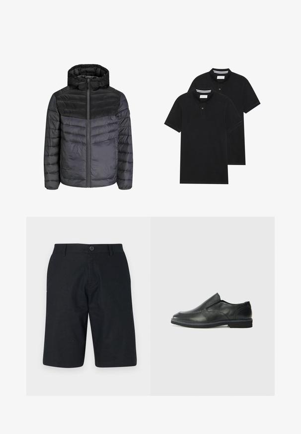 Nedjacka i svart och mörkgrå, med huva, dragkedja och quiltad design med horisontella ränder för isolering.; Två svarta polo t-shirts, kortärmade, i bomullsmaterial, med en klassisk krage, tvåknappsslutning och vita randiga accenter inuti kragen.; Svarta shorts i lättviktigt tyg, med rak skärning, enkel knäppning och ren nederkant utan synliga mönster.; Svart lädersko i slip-on-modell med en slät ovandel, sömnadsdetaljer, rund tå och låg gummihäl. Sulan har minimal mönstring.