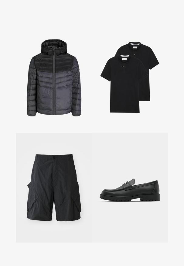 Daunenjacke in Schwarz und Dunkelgrau, mit Kapuze, Reißverschluss und steppendem Design mit horizontalen Streifen zur Isolierung.; Zwei schwarze Polohemden, kurzärmlig, aus Baumwolle, mit einem klassischen Kragen, zwei Knöpfen und weißen Streifenakzenten im Inneren des Kragens.; Schwarze Cargo-Shorts aus leichtem Material, mit strukturiertem Oberflächen, Knopfverschluss und mehreren Seitentaschen.; Schwarze Lederloafer mit runder Zehenform, ausgestattet mit einem gesteppten Design, niedrigem Plattformsohle und einer strukturierten, genoppten Gummisohle.