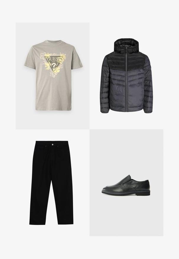 Musta ja tummanharmaa aluskero, jossa on huppu, vetskari ja tikattu muotoilu vaakasuorilla viivoilla eristyksen takaamiseksi.; Harmaa puuvillainen t-paita, jossa on kolmion muotoinen kuva, jossa lukee "GUESS" ja keltaisia kukkakoristeita. Pyöreä pääntie, lyhyet hihat ja tavallinen leikkaus.; Mustat farkut suoraan lahkeella, viisi taskua ja etunappikiinnitys. Sileä rakenne, jossa on vain vähäisiä ompelualueita.; Musta nahkainen liukujalkine, jossa on sileä pinta, ommeltuja yksityiskohtia, pyöristetty kärki ja matala kumipohja. Pohjassa on minimaalinen pito.