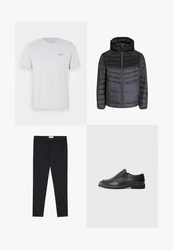 Nedestøv i sort og mørkegrå, med hætte, lynlås-lukning og quiltet design med vandrette striber til isolering.; Hvid bomulds T-shirt med rund hals, korte ærmer og et lille sort logo på venstre bryst. Glat tekstur og standard pasform.; Sorte bukser med lige ben, lavet af bomuldsstof. Har to forlommer og knaplukning i taljen.; Sorte læder slip-on sko med en glat overdel, syede detaljer, rund tå og en lav gummihæl. Sålen har minimal profil.