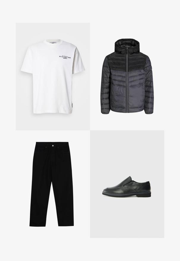 Donsjack in zwart en donkergrijs, met een capuchon, ritssluiting en een gequilt ontwerp met horizontale strepen voor isolatie.; Witte katoenen t-shirt met korte mouwen, ronde hals, met zwarte tekst die zegt "BELLA CIAO FROM NAPOLI" en een merklabel aan de zijkant.; Zwarte denim broek met een recht gesneden pasvorm, vijf gebruikersvriendelijke zakken en een sluiting met een knoop aan de voorkant. Soepele textuur met minimale stikdetails.; Zwarte leren instapper met een soepele bovenkant, gestikte accenten, ronde neus en een lage rubberen hak. De zool heeft minimale profiel.