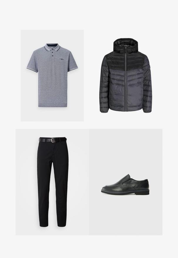 Čierna a tmavošedá zateplená bunda s kapucňou, zipsom a prešívaným dizajnom s horizontálnymi pruhmi pre izoláciu.; Sivý polo tričko s kontrastným námorníckym a bielym prúžkovaným golierom, trojbuttonovou légou a diskrétnym logom na hrudi.; Čierne nohavice so stright strihom, s hladkou štruktúrou a čiernym koženým opaskom so striebornou prackou. Jednoduchý dizajn, bez vzorov alebo akcentov.; Čierny kožený nazúvací topánka s hladkým zvrškom, prešitými akcentmi, zaoblenou špičkou a nízkym gumovým podpätkom. Podošva má minimálny dezén.