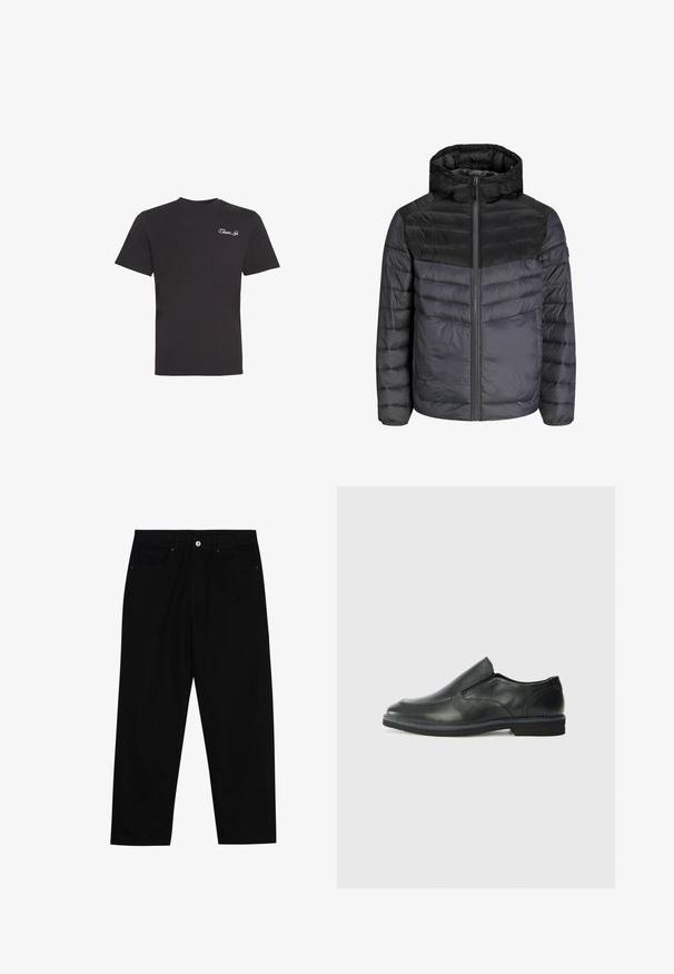 Down jacket in black and dark grey, featuring a hood, zip closure, and quilted design with horizontal stripes for insulation.; Black short-sleeve T-shirt with small white cursive "Closure Lin" text on the upper left chest, plain background.; Black denim pants featuring a straight-leg cut, five-pocket design, and a front button closure. Smooth texture with minimal stitching details.; Black leather slip-on shoe with a smooth upper, stitched accents, rounded toe, and a low rubber heel. Sole features minimal tread.