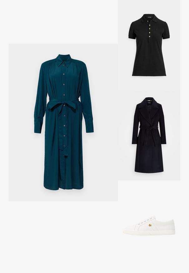 Jūras spēku tumši zilas vilnas maisījuma mētelas ar plašu apkakli, jostu viduklī, garām piedurknēm un taisnu griezumu. Tam ir gluda tekstūra un minimāla apdare.; Zilā gara piedurkņu kleita, izgatavota no gludas auduma, ar pogām priekšpusē, apkakli un jostu augšstilba regulēšanai. Šauras manšetes uz piedurknēm.; Melna polo krekls no teksturēta auduma ar apkakli, īsām piedurknēm un aizdari ar zelta pogām. Uz krūtīm ir neliels logotips.; Lauren Ralph Lauren JANSON II CANVAS SNEAKER - Sporta apavi - optic white