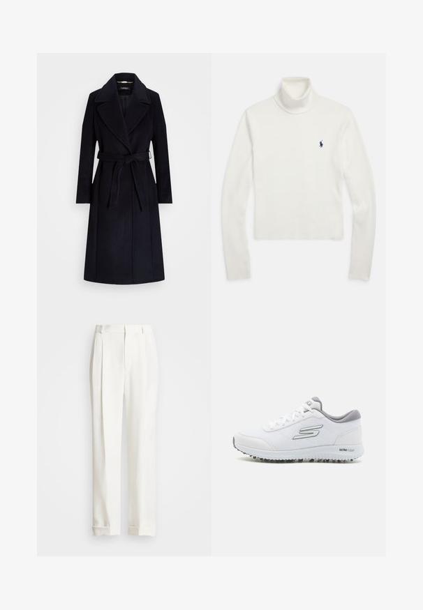 Mornarski kaput od vune s dodatkom, s širokim reverima, pojasom u struku, dugim rukavima i ravnim krojem. Ima glatku teksturu i minimalne detalje.; Bijeli dolčevita džemper s dugim rukavima i malim tamnoplavi logotipom igrača polo na lijevoj strani prsa.; Bijele krojene hlače s dva prednja nabora, ravnog kroja i preklopljenim rubovima. Napravljene od glatkog materijala, s klasičnim dizajnom.; Bijele sportske tenisice s teksturiranim mrežastim gornjim dijelom, srebrnim akcentima i laganom suprotnošću s malim bravama za prijanjanje, označene 'ULTRA FLIGHT'.