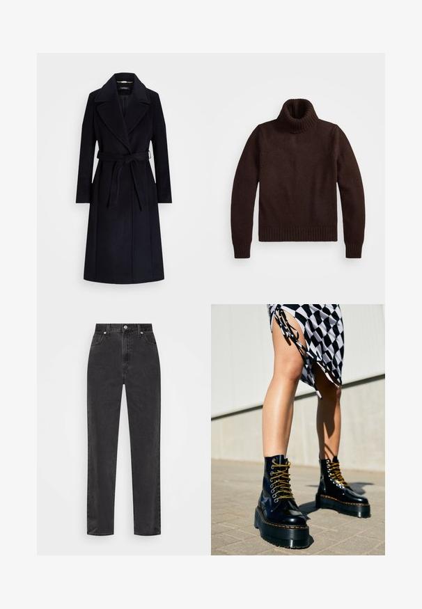 Mornarski kaput od vune s dodatkom, s širokim reverima, pojasom u struku, dugim rukavima i ravnim krojem. Ima glatku teksturu i minimalne detalje.; Smeđi, debeli pleteni pulover s visokim ovratnikom, s rebrastim ovratnikom i rubom. Ima duge rukave i opuštenu siluetu, izrađen je od mekanog tekstilnog materijala.; Crne traperice ravnih nogavica s visokim strukom, prednjim kopčanjem na dugme i patentni zatvarač, te stilom s pet džepova na bijeloj pozadini.; Crne kožne platforme s debelim potplatima, zlatnim vezicama i narančastim šavovima, uparene s kariranim suknjom koja ima bočni prorez.