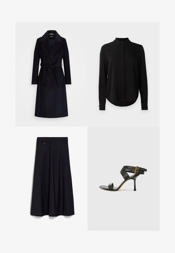 Casaco em mistura de lã azul-marinho com lapela ampla, cintura cingida, mangas longas e corte reto. Apresenta uma textura suave e detalhes mínimos.; Blusa preta de manga longa com colarinho pontudo, botão oculto e bainha curva contra um fundo branco liso.; Saia preta, até ao joelho, com um design largo e fluido. Possui uma cintura plana na frente e um detalhe de botão único no bolso da frente.; Sandal preto de salto alto com tiras cruzadas e fivela ajustável. Apresenta uma textura suave e um salto agulha afilado.