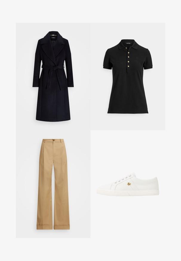 Sötétkék gyapjú keverék kabát széles felső gallérral, övvel a deréknál, hosszú ujjal és egyenes vonalakkal. Simaság jellemzi, minimális díszítéssel.; Fekete pólótexturált anyagból, gallérral, rövid ujjal és arany gombokkal díszített blúzgombolattal. Finom logó részlet a mellkason.; Beige, bő szabású nadrág gombos záródással, sima textúrával és gyűrődések nélküli fazonnal. Felhajtott szárvégek extra részletességgel.; Lauren Ralph Lauren JANSON II CANVAS SNEAKER - Sportcipő - optic white